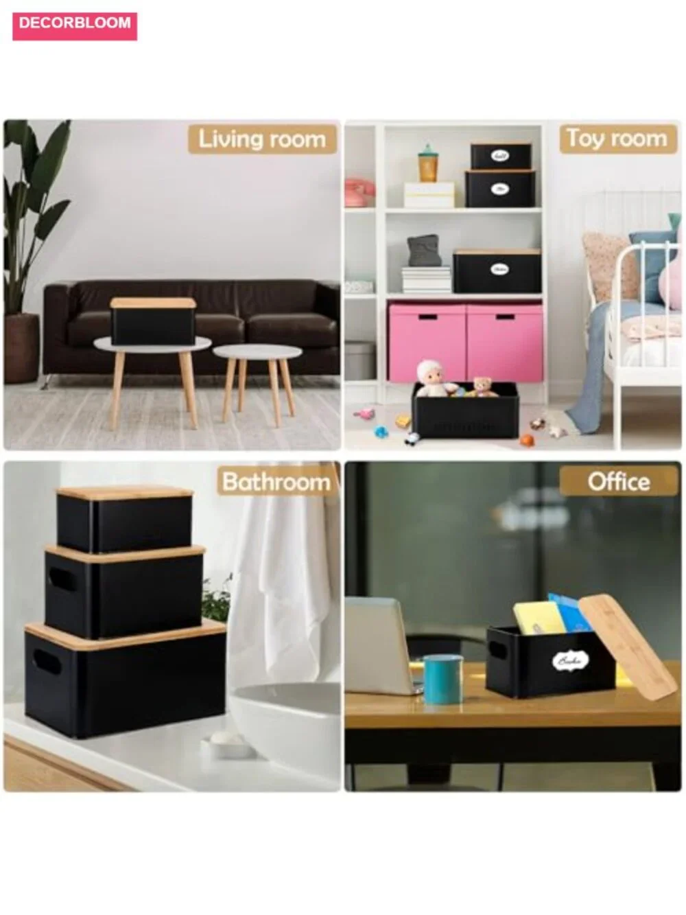 3 Pc Metal Storage Bins with Bamboo Lids Nesting Farmhouse Organizer Countertop